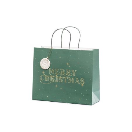 Sac cadeau Merry Christmas, vert bouteille, 32.5x26.5x11.5cm 