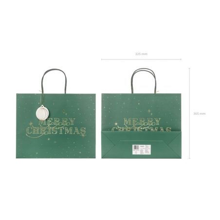 Sac cadeau Merry Christmas, vert bouteille, 32.5x26.5x11.5cm 