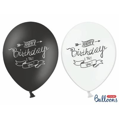 6 Ballons 30cm Melange Blanc Noir Imprime Happy Birthday To You