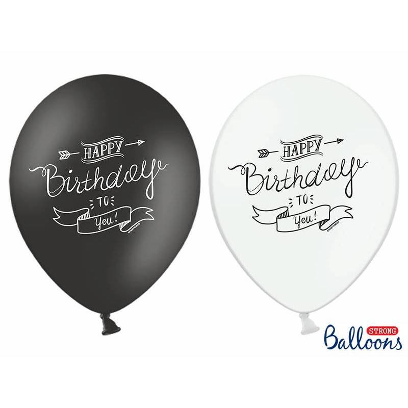 50 Ballons 30cm Melange Blanc Noir Imprime Happy Birthday To You