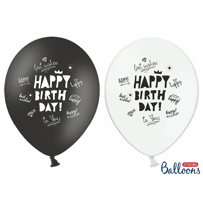 50 Ballons 30cm Melange Blanc Noir Imprime Happy Birthday