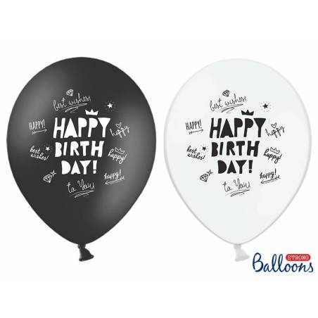50 Ballons 30cm Melange Blanc Noir Imprime Happy Birthday
