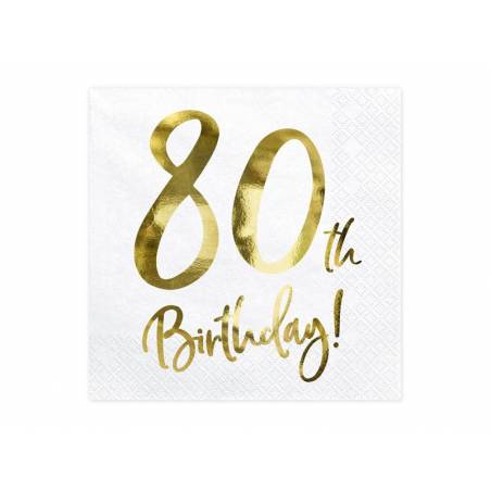 Serviettes 80e anniversaire blanches 33x33cm 