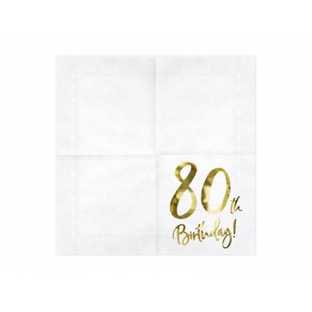 Serviettes 80e anniversaire blanches 33x33cm 